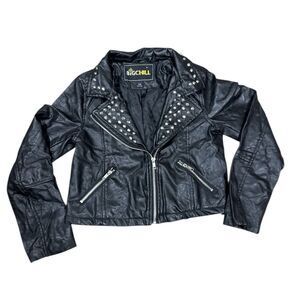 Black Faux Leather Studded Moto Jacket Girls Sz 10/12
